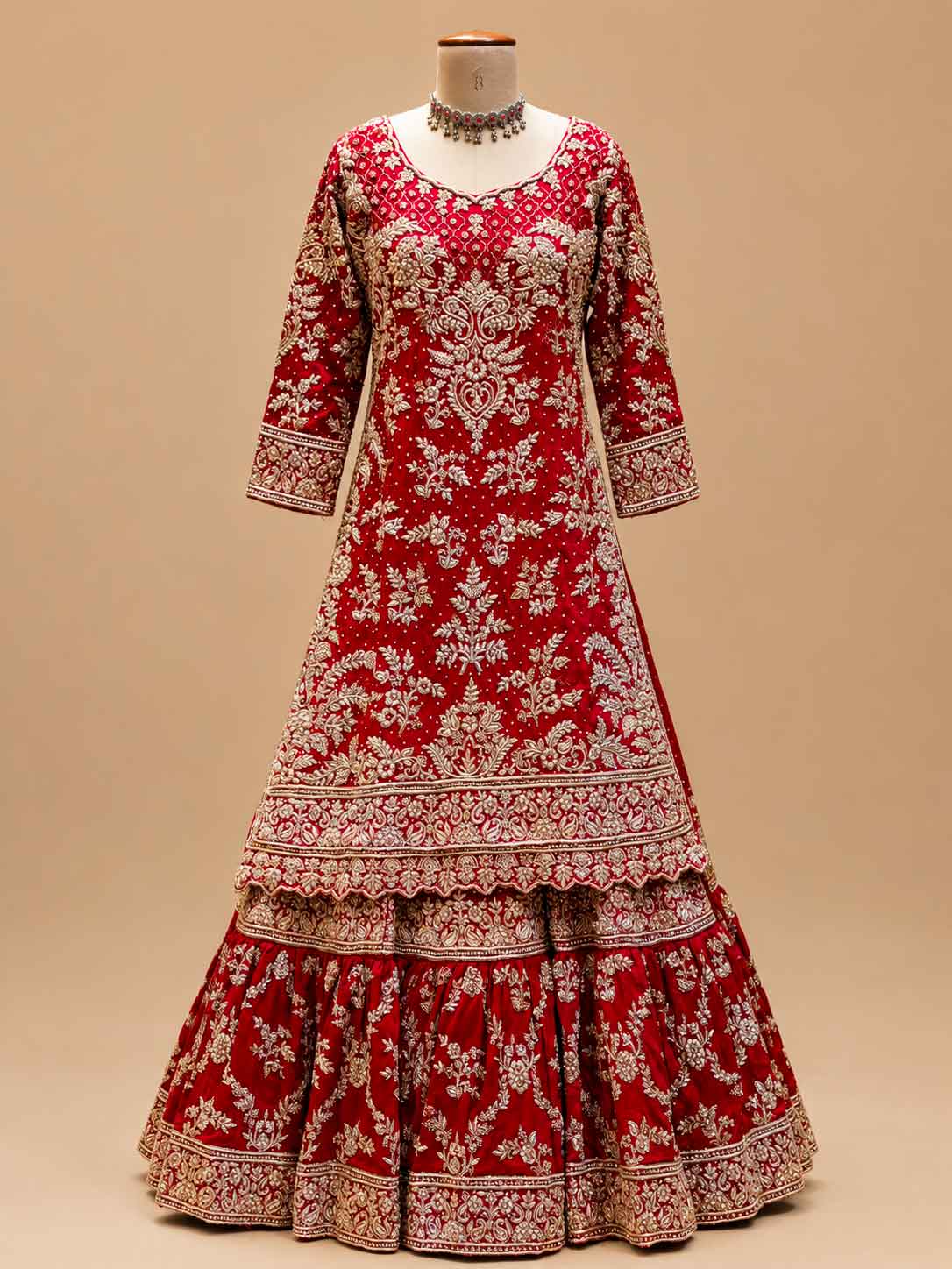 Bridal Red Heavy Embroidered Sharara Suit Set with Net Dupatta