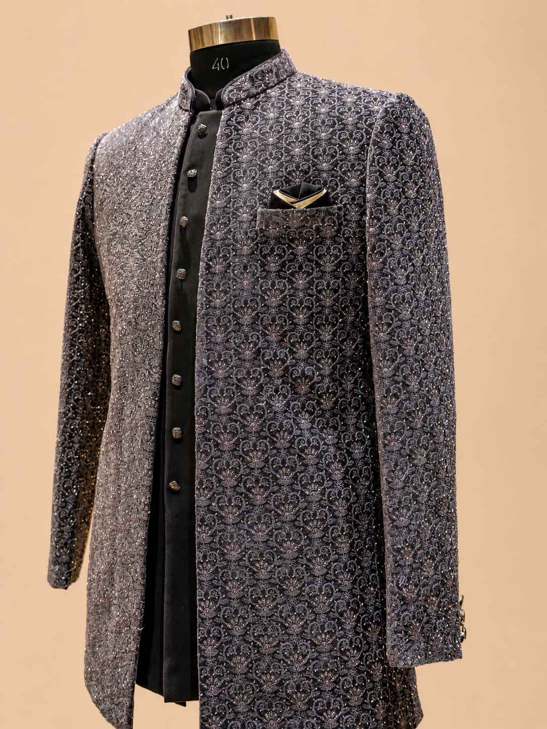 Navy Blue Designer Sherwani Set for Men with Intricate Embroidery