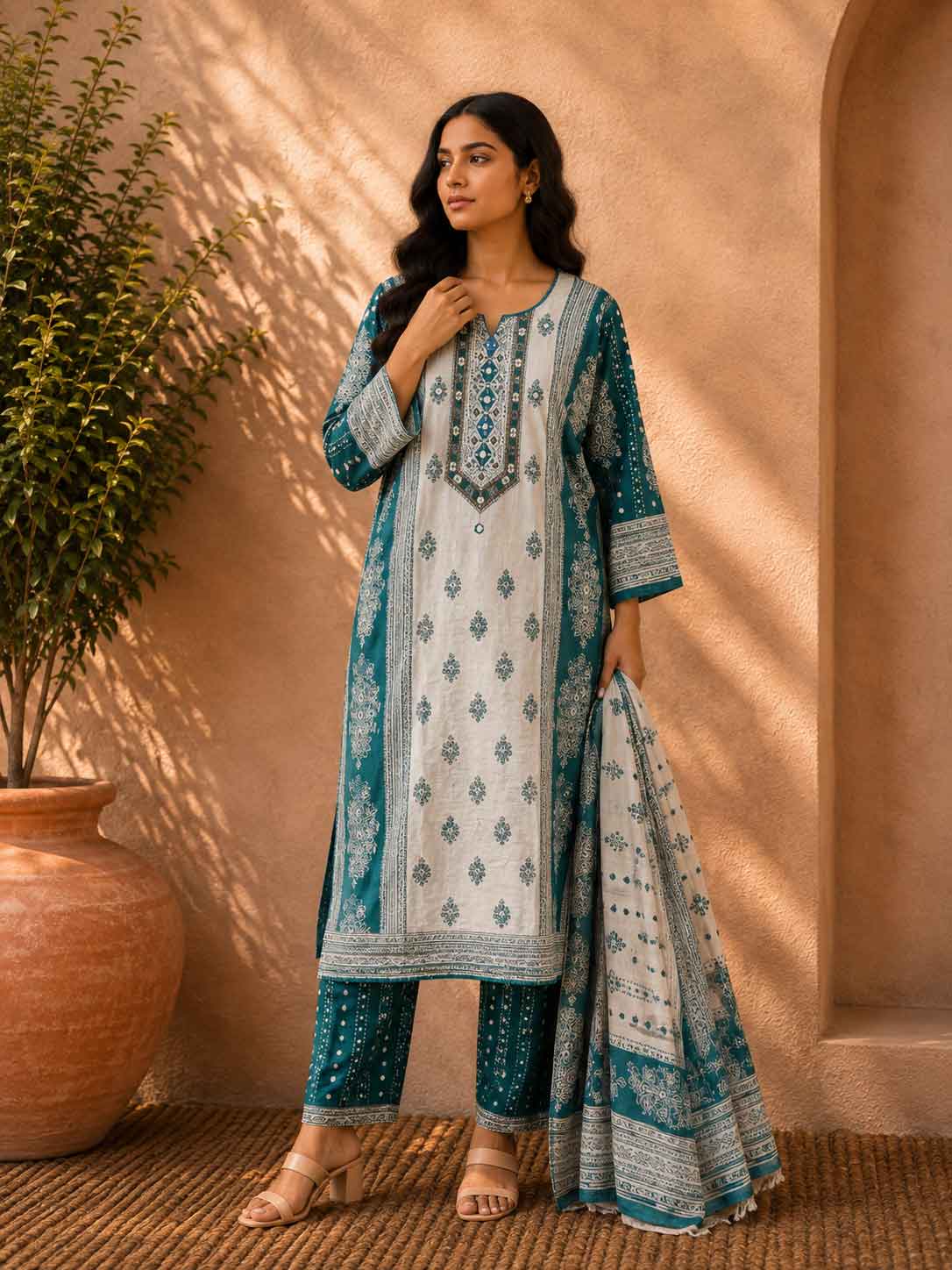 Green Printed Kurta Set for Women | Straight Kurta with Pants & Dupatta