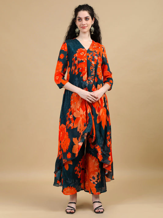 Vibrant Orange and Deep Teal Floral Print Asymmetrical Kurti Set