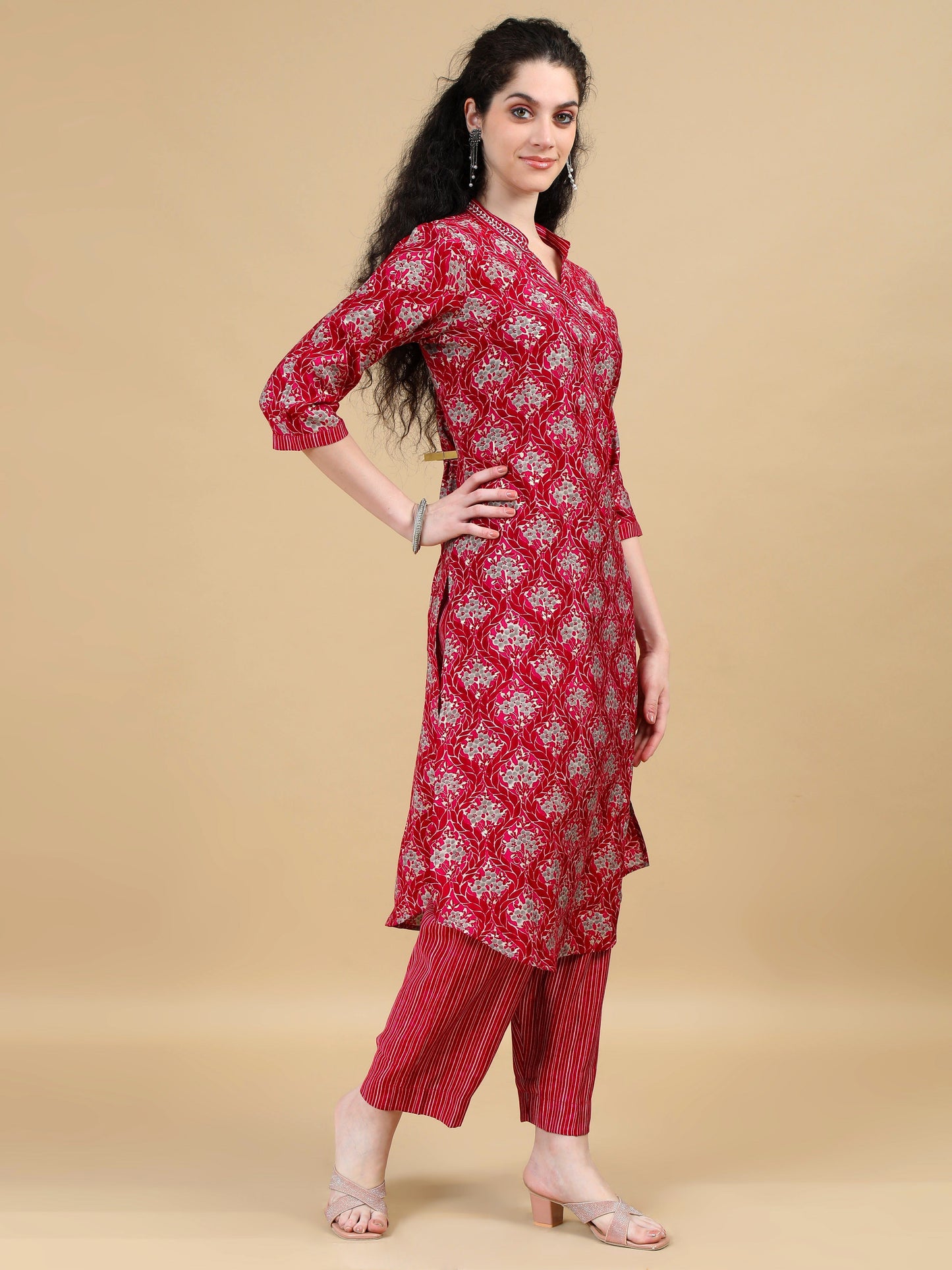 Deep Red Printed Kurti Set with Striped Pants