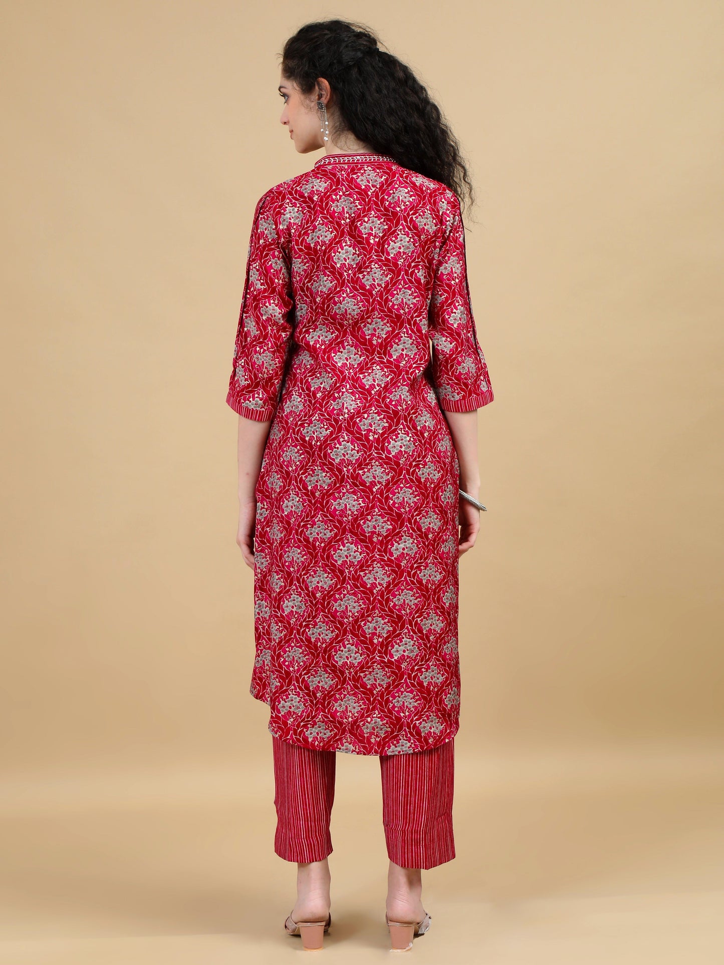 Deep Red Printed Kurti Set with Striped Pants