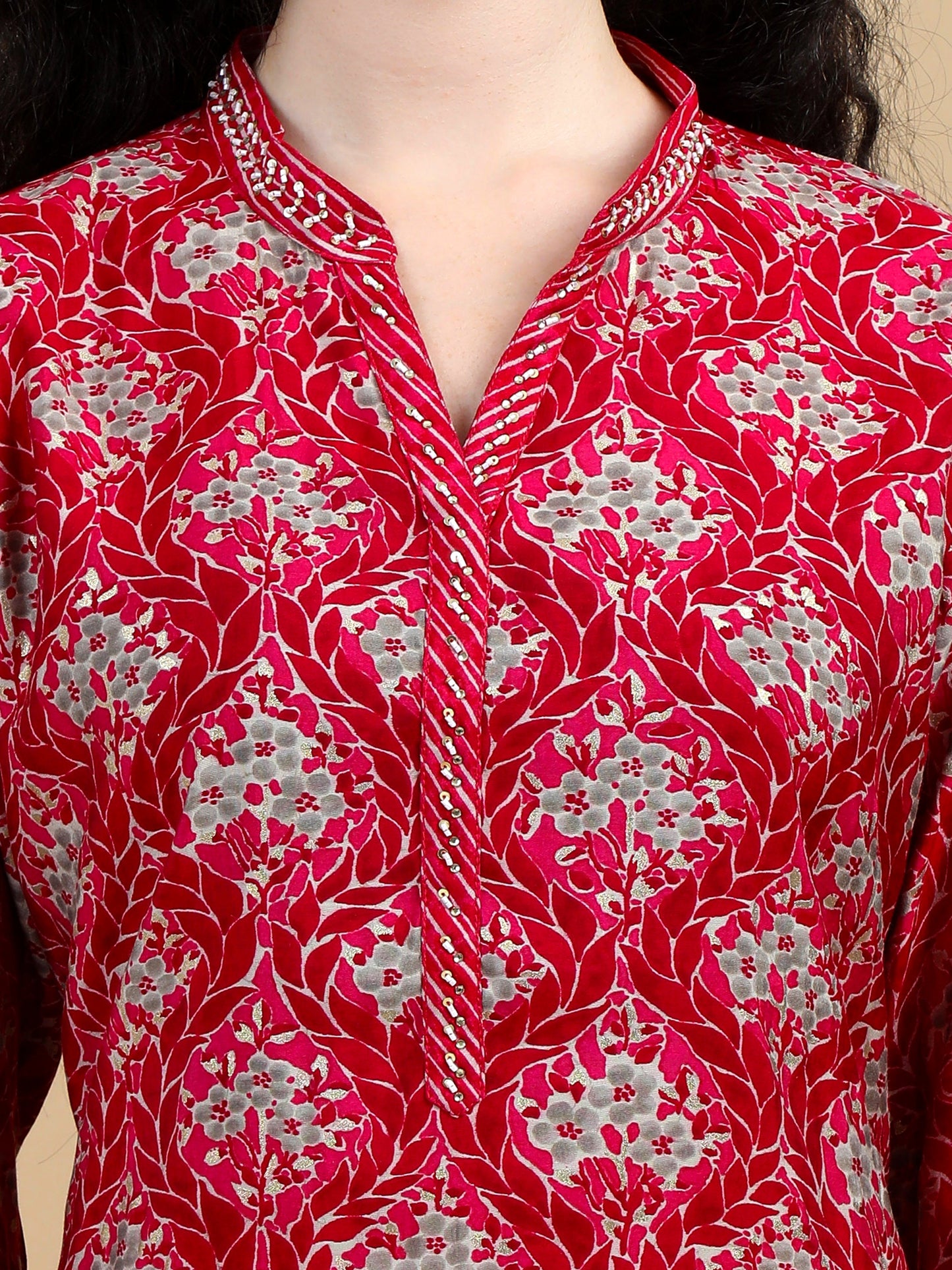 Deep Red Printed Kurti Set with Striped Pants