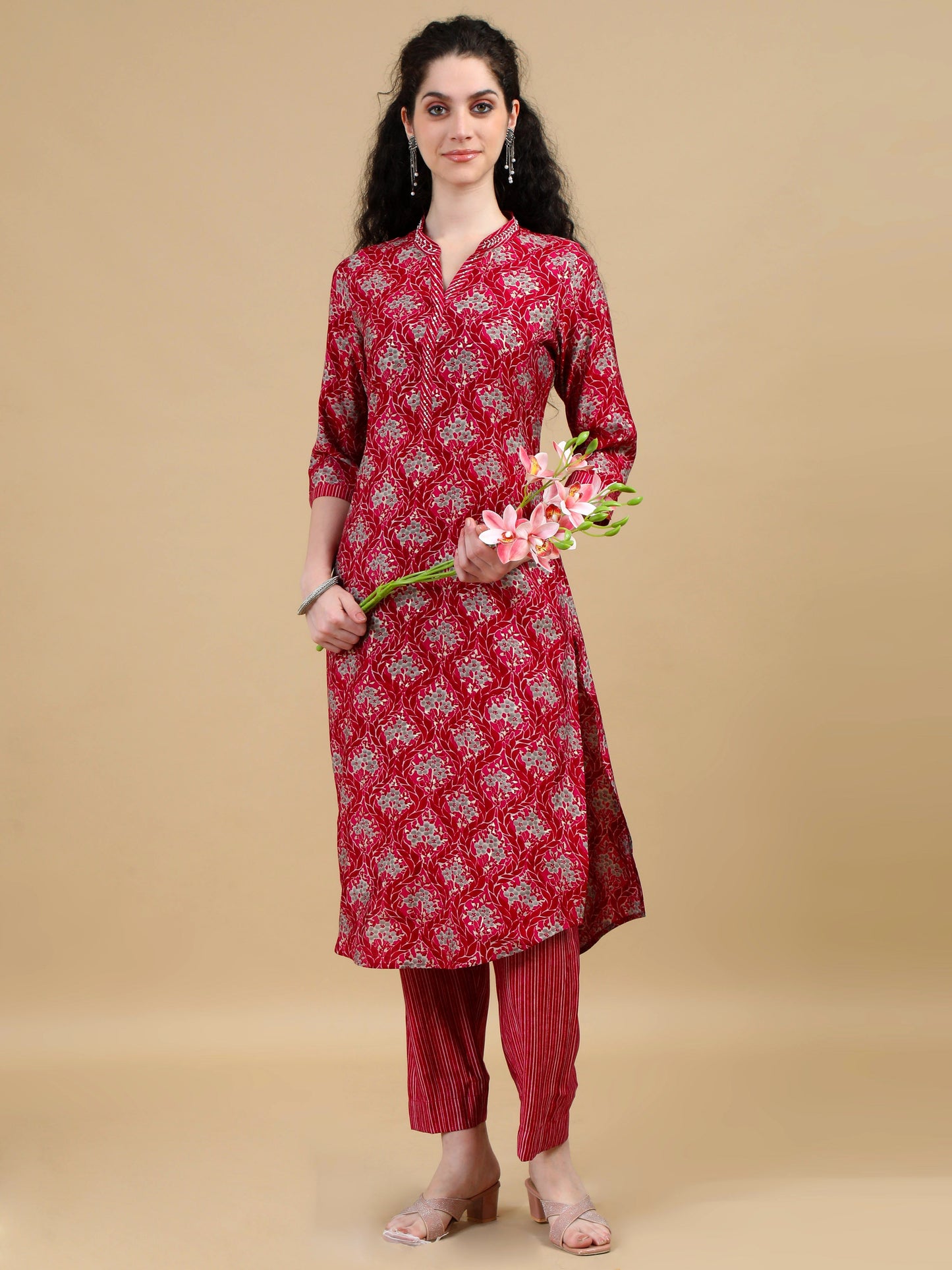 Deep Red Printed Kurti Set with Striped Pants