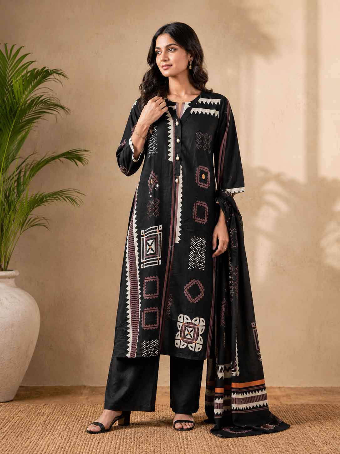 Black Printed Kurta Set for Women with Pants & Dupatta | Geometric Ethnic Suit Set