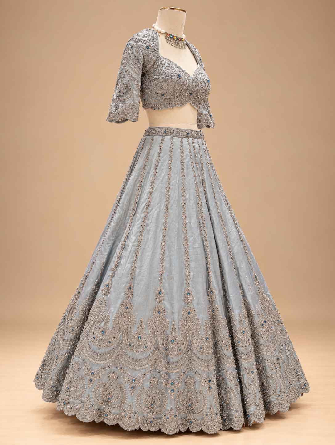 Silver Grey & Navy Blue Embroidered Lehenga Set with Dupatta for Women
