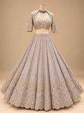 Champagne Grey Embroidered Lehenga Set with Brown Dupatta for Women