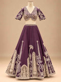 Deep Purple Embroidered Lehenga Set with Draped Dupatta for Women