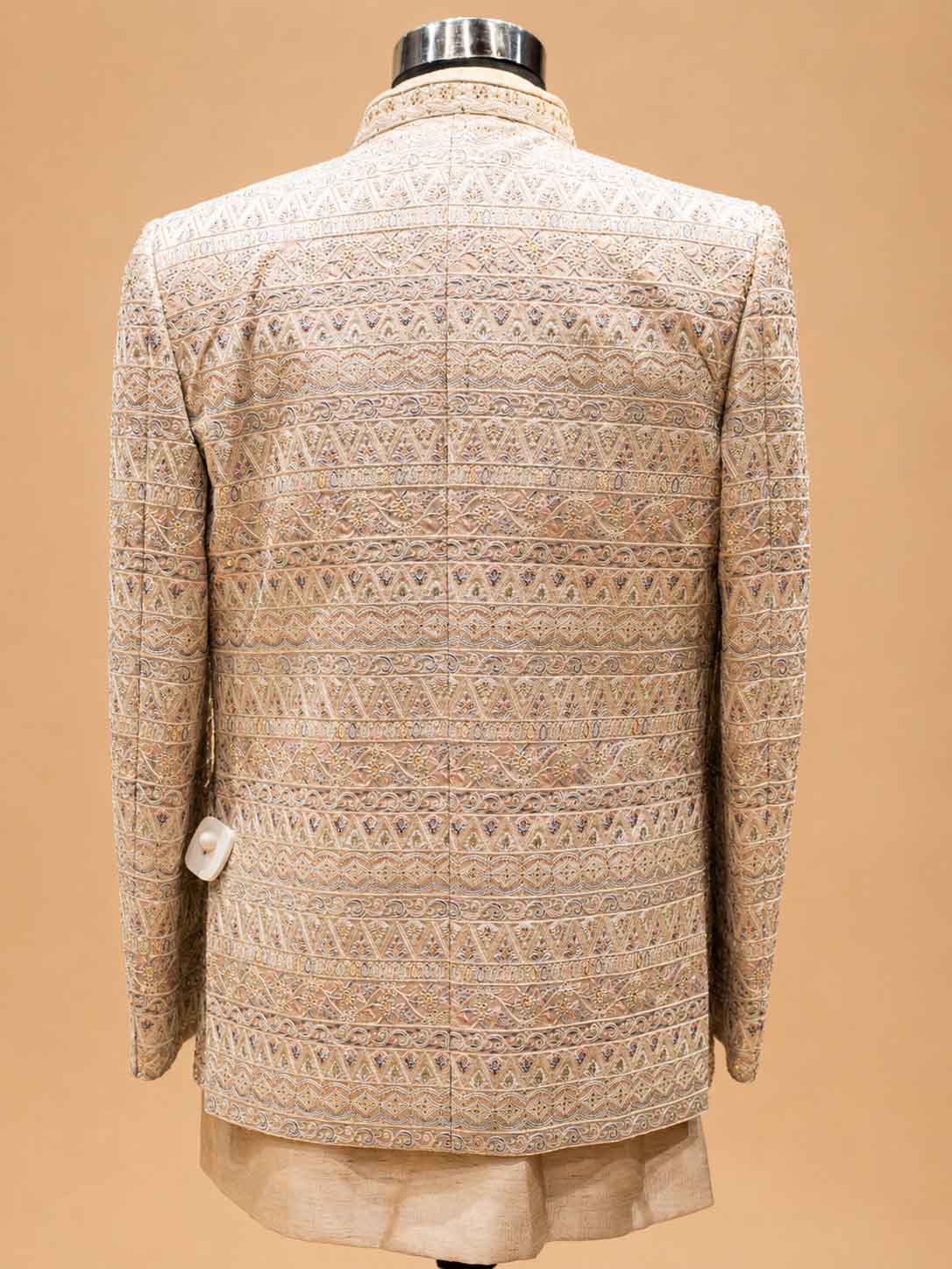 Ivory Designer Sherwani Set for Men with Intricate Embroidery & Mandarin Collar