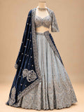 Silver Grey & Navy Blue Embroidered Lehenga Set with Dupatta for Women