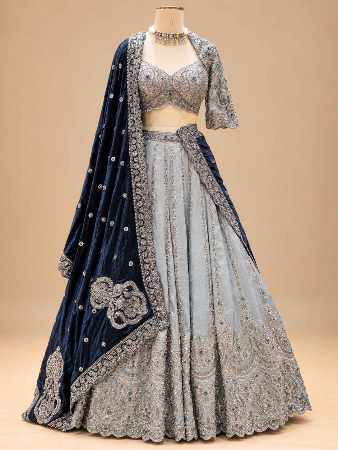 Silver Grey & Navy Blue Embroidered Lehenga Set with Dupatta for Women