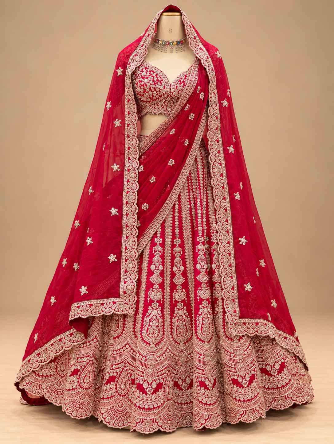 Red Embroidered Bridal Lehenga Set with Matching Dupatta for Women