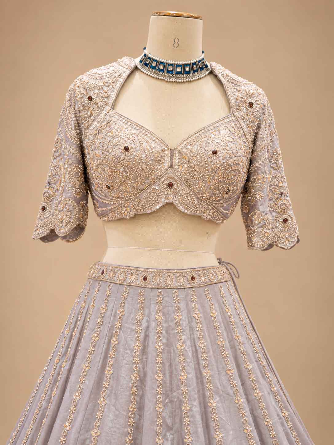 Champagne Grey Embroidered Lehenga Set with Brown Dupatta for Women