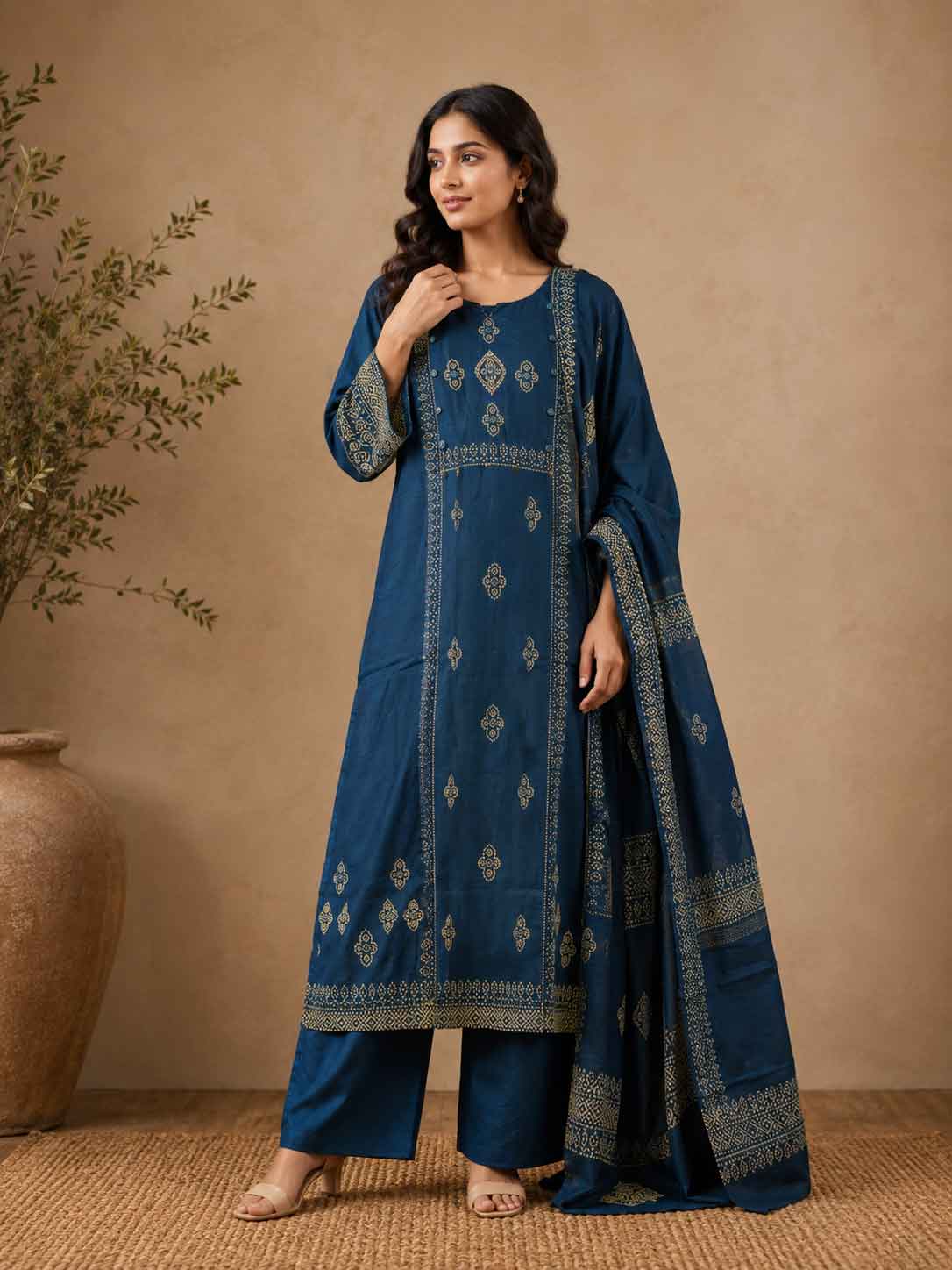 Navy Blue Printed Kurta Set for Women | Ethnic Straight Kurta with Pants & Dupatta