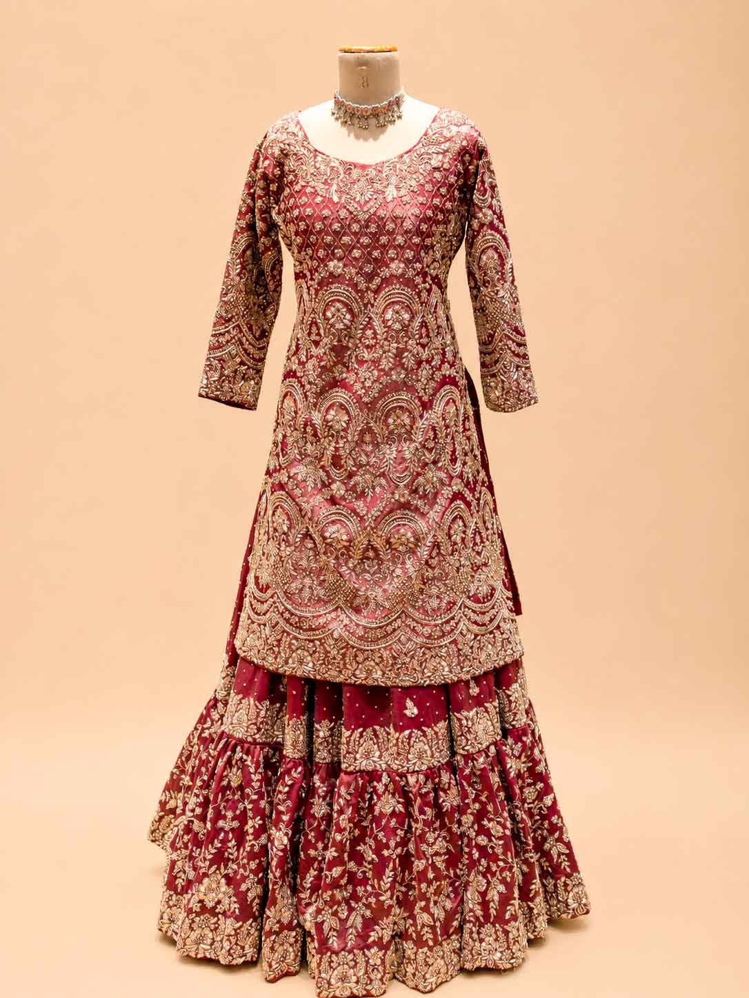 Maroon Heavy Embroidered Sharara Suit Set with Net Dupatta