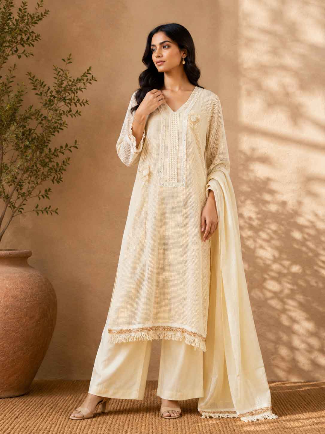 Cream Embroidered Kurta Set for Women | V-Neck Straight Kurta with Palazzo Pants & Dupatta
