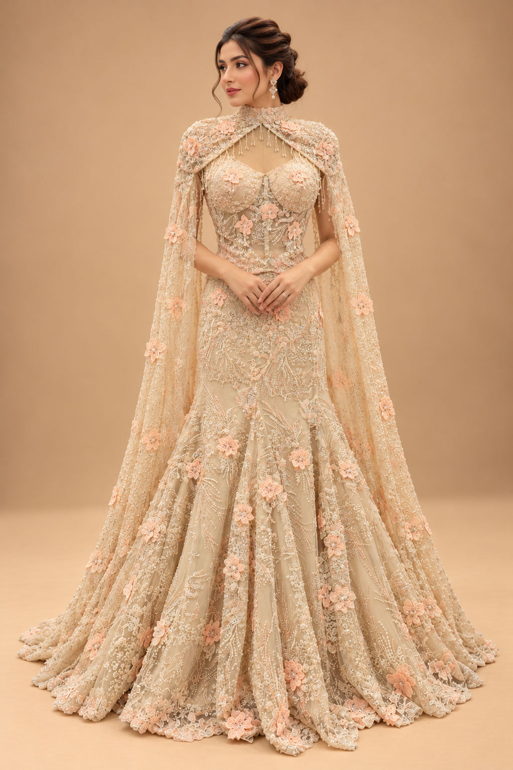 Premium Champagne Beige Floral Embroidered Mermaid Gown with Cape for Women – product view 1