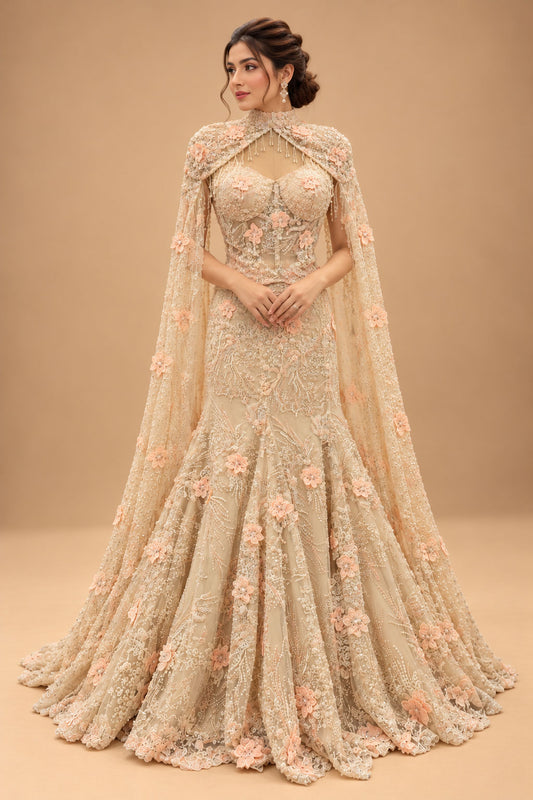 Premium Champagne Beige Floral Embroidered Mermaid Gown with Cape for Women – product view 1