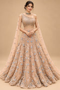 Luxury Peach Bridal Lehenga with 3D Floral Embroidery and Blue Floral Detailing