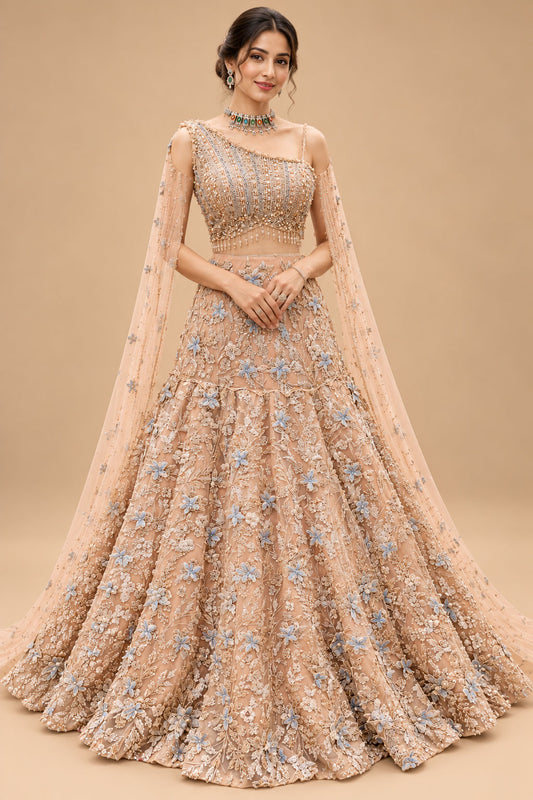 Luxury Peach Bridal Lehenga with 3D Floral Embroidery and Blue Floral Detailing