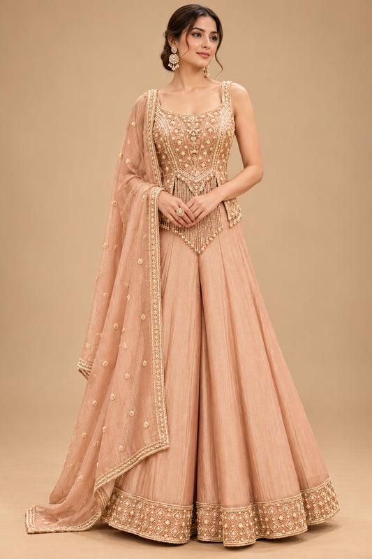 Elegant Peach Gold Embroidered Sharara Set with Designer Dupatta