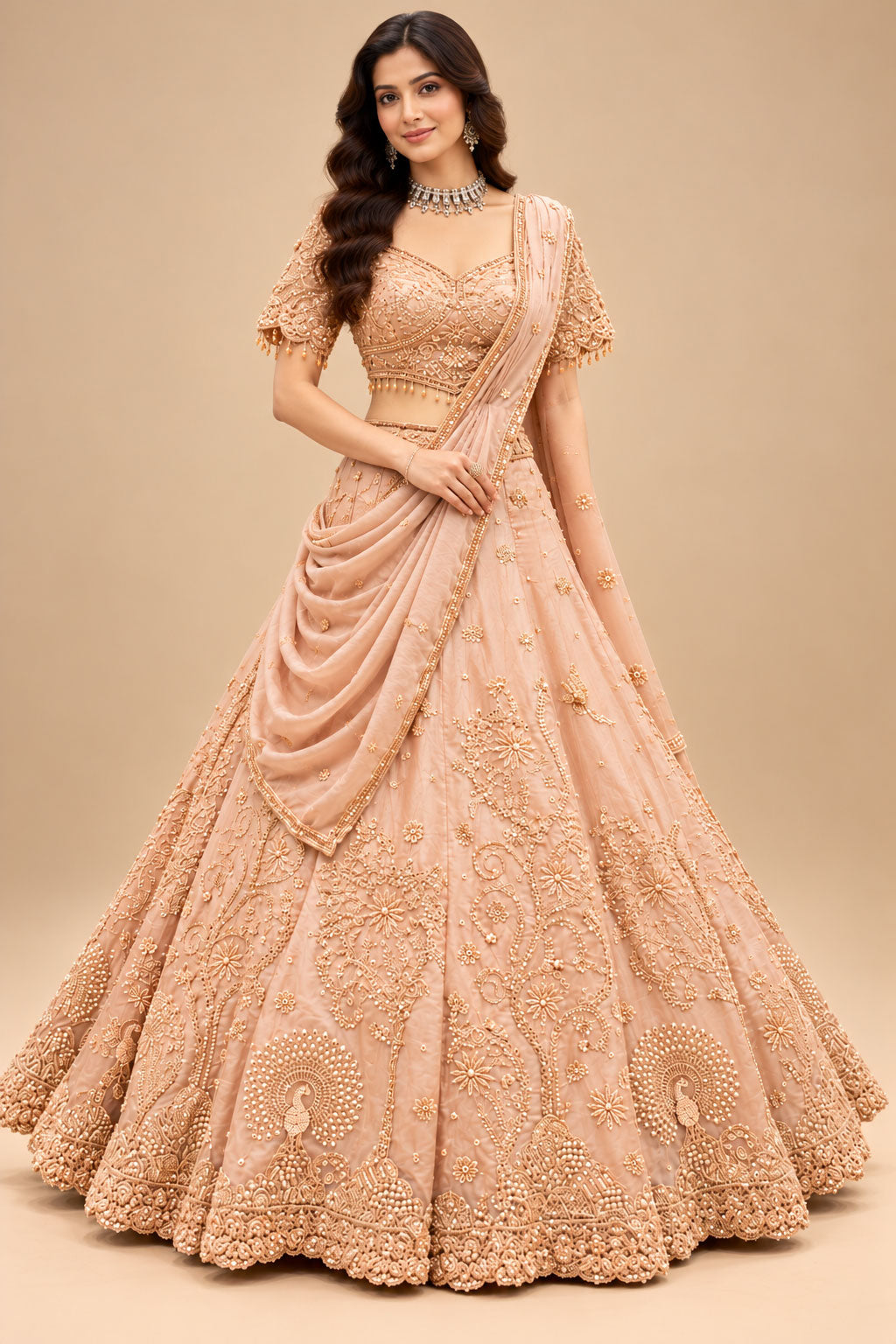 Premium Blush Peach Bridal Lehenga with Intricate Floral Embroidery, Peacock Motifs and Embellished Dupatta