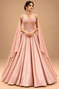 Premium Blush Pink Embellished Flared Gown with Draped Cape Sleeves for Women – product image 1