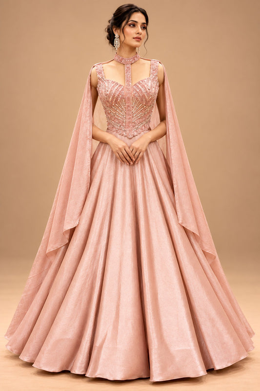 Premium Blush Pink Embellished Flared Gown with Draped Cape Sleeves for Women – product image 1