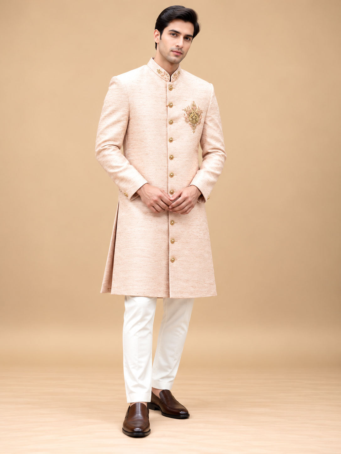Premium Blush Peach Sherwani with Gold Embroidery for Men – product view 1