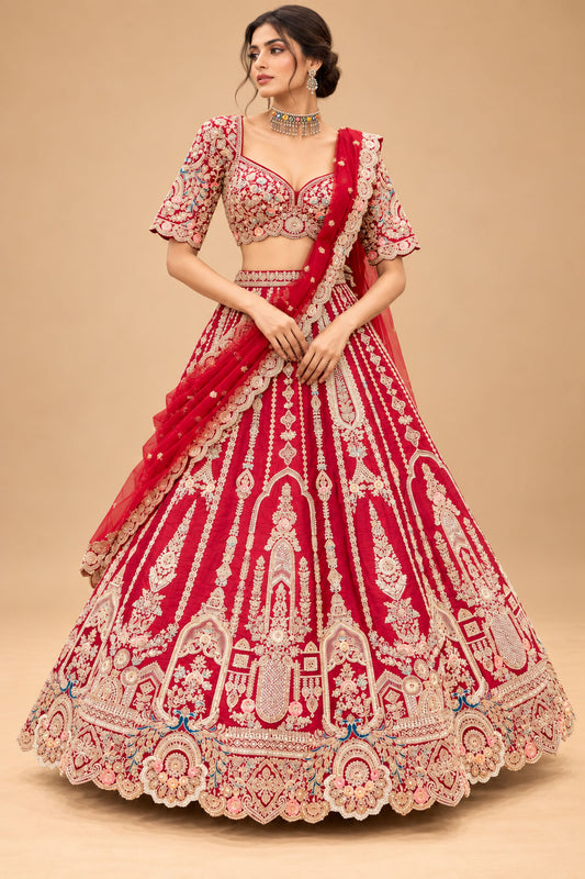 Premium Rani Pink Bridal Lehenga with Heavy Zari Embroidery, Traditional Motifs and Embellished Net Dupatta