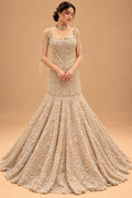 Premium Champagne Beige Embroidered Mermaid Gown with Pearl Tassel Shoulder Detailing for Women – product view 1