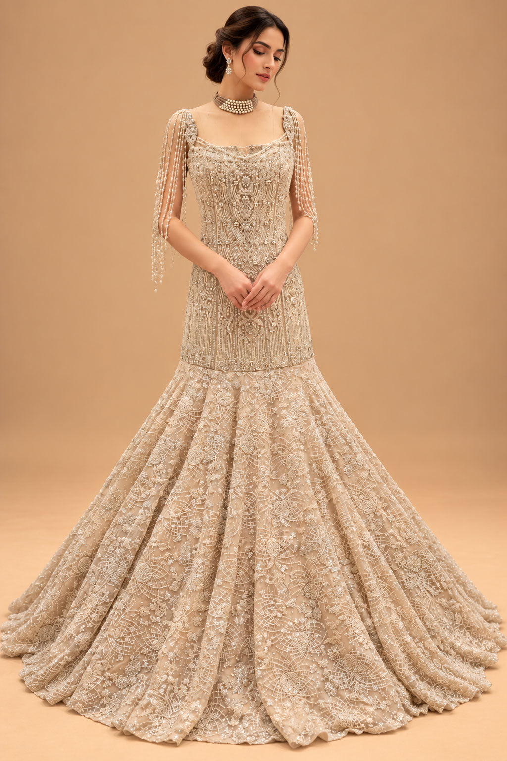 Premium Champagne Beige Embroidered Mermaid Gown with Pearl Tassel Shoulder Detailing for Women – product view 1