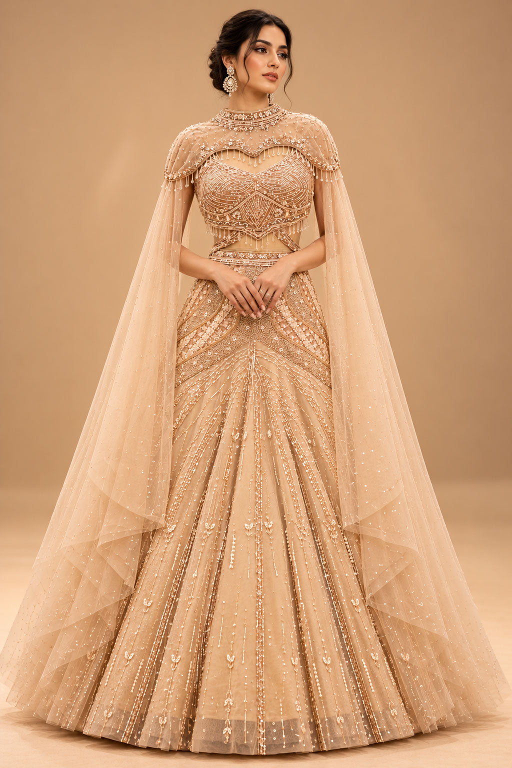 Premium Champagne Gold Embroidered Lehenga with Sheer Cape Sleeves for Women – product image 1