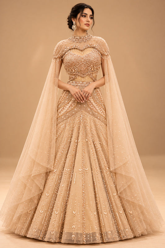 Premium Champagne Gold Embroidered Lehenga with Sheer Cape Sleeves for Women – product image 1