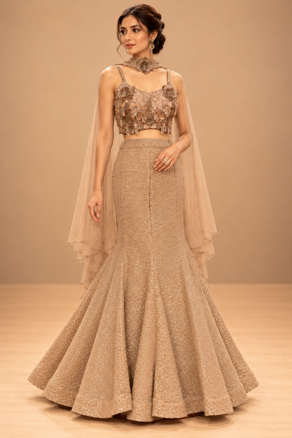 Premium Champagne Gold Sequin Embellished Mermaid Lehenga with 3D Floral Blouse and Sheer Cape – product image 1