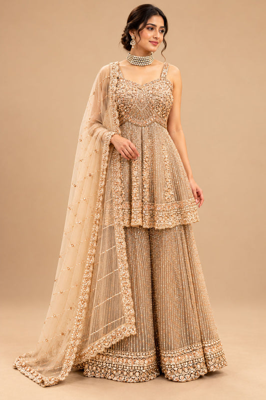 Premium Champagne Gold Embroidered Designer Sharara Set with Peplum Top and Net Dupatta