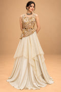 Elegant Ivory Cream Designer Gown with 3D Floral Embroidery & Layered Flare