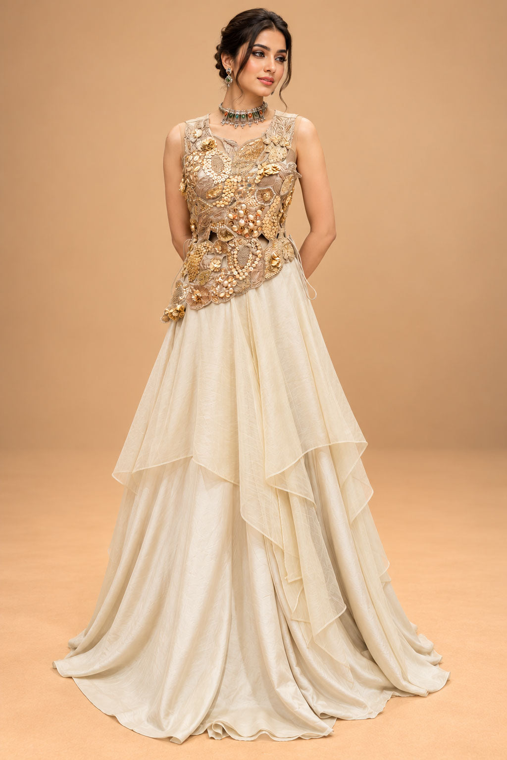 Elegant Ivory Cream Designer Gown with 3D Floral Embroidery & Layered Flare