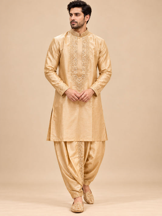 Premium Champagne Gold Embroidered Kurta with Dhoti Pants for Men – product view 1