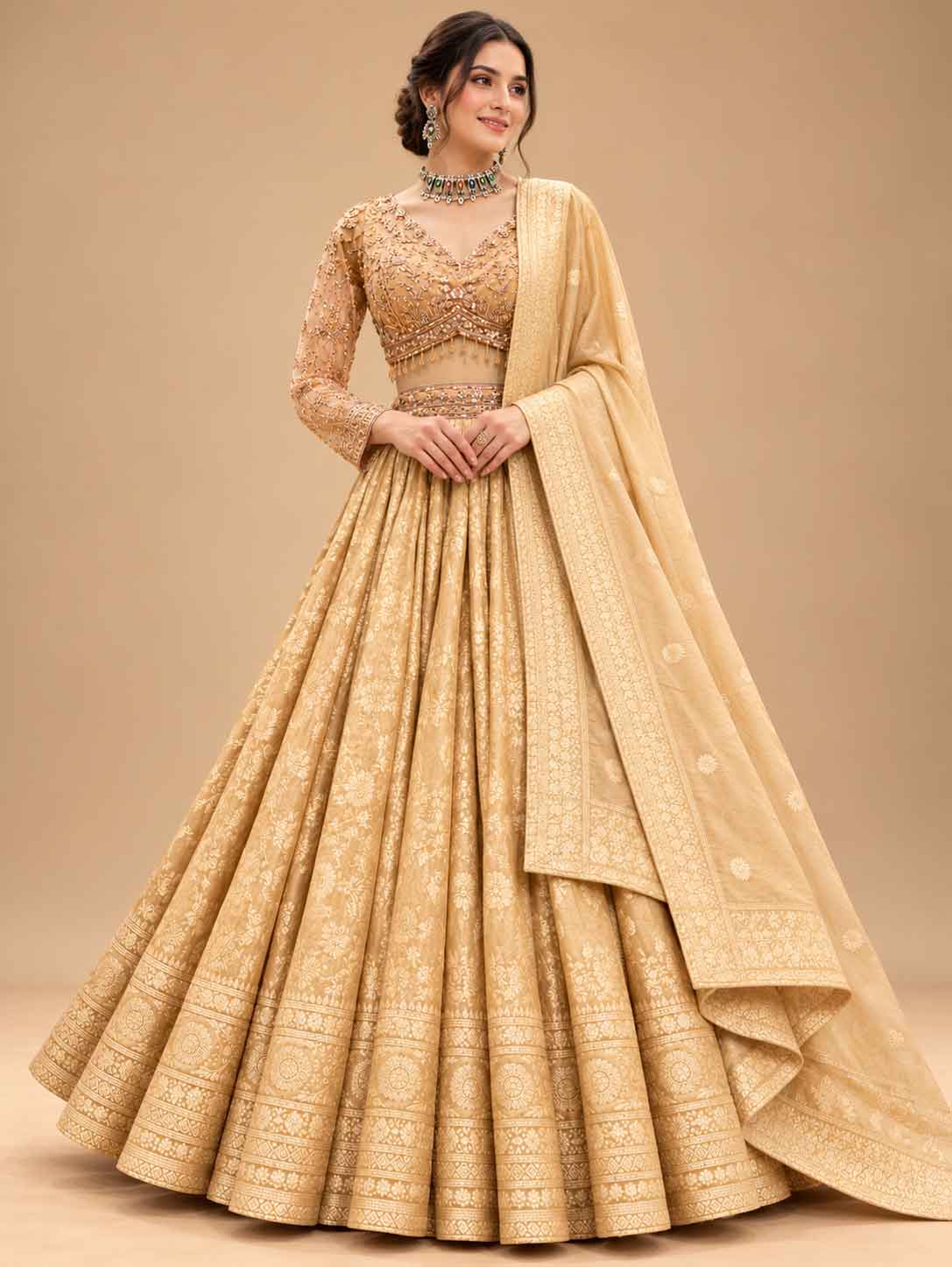 Champagne Gold Embroidered Bridal Lehenga Set with Matching Dupatta for Women – product view 1