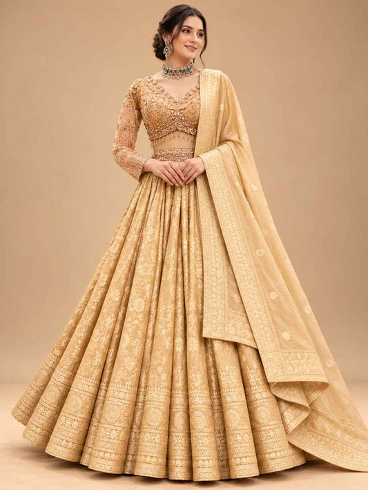 Champagne Gold Embroidered Bridal Lehenga Set with Matching Dupatta for Women – product view 1
