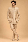 Champagne Gold Textured Indo-Western Suit Set for Men | Wedding & Groom Wear