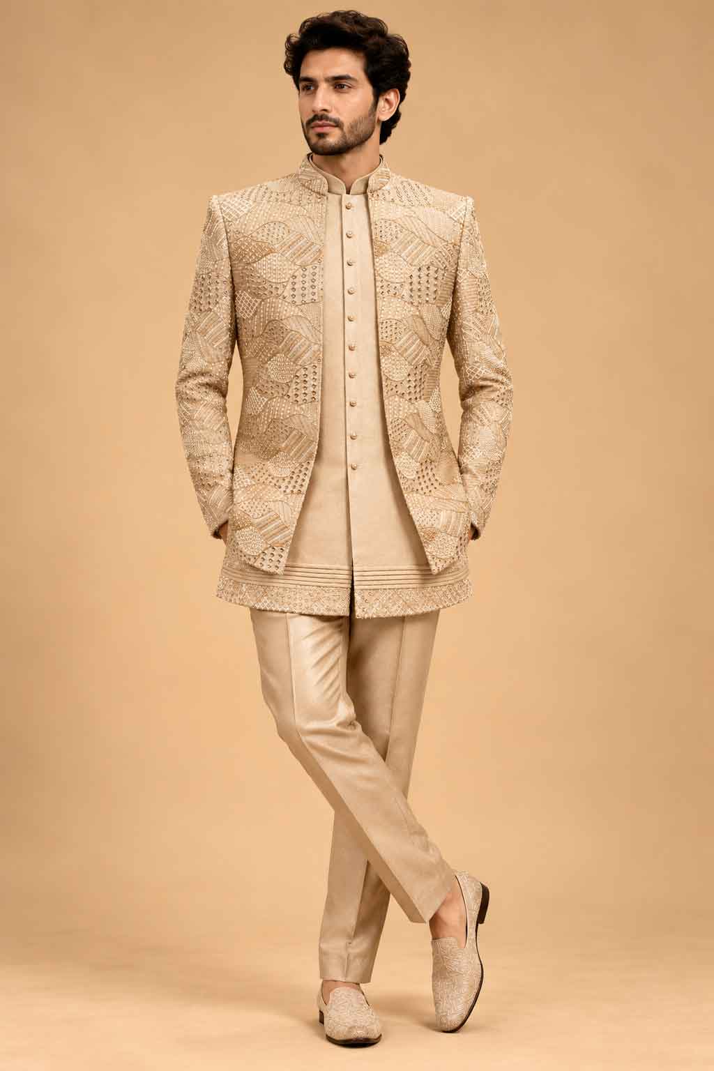 Champagne Gold Textured Indo-Western Suit Set for Men | Wedding & Groom Wear
