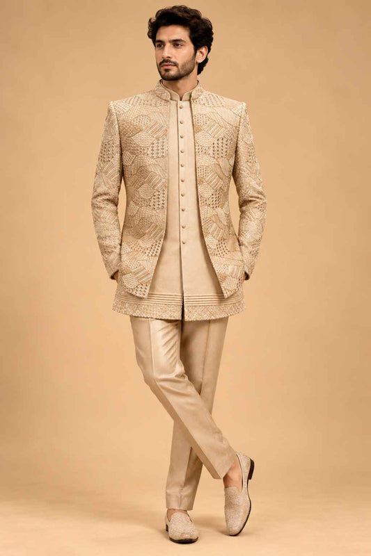 Champagne Gold Textured Indo-Western Suit Set for Men – full product view