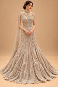 Premium Champagne Beige Pearl Embroidered Mermaid Gown with Draped Dupatta for Women – product view 1