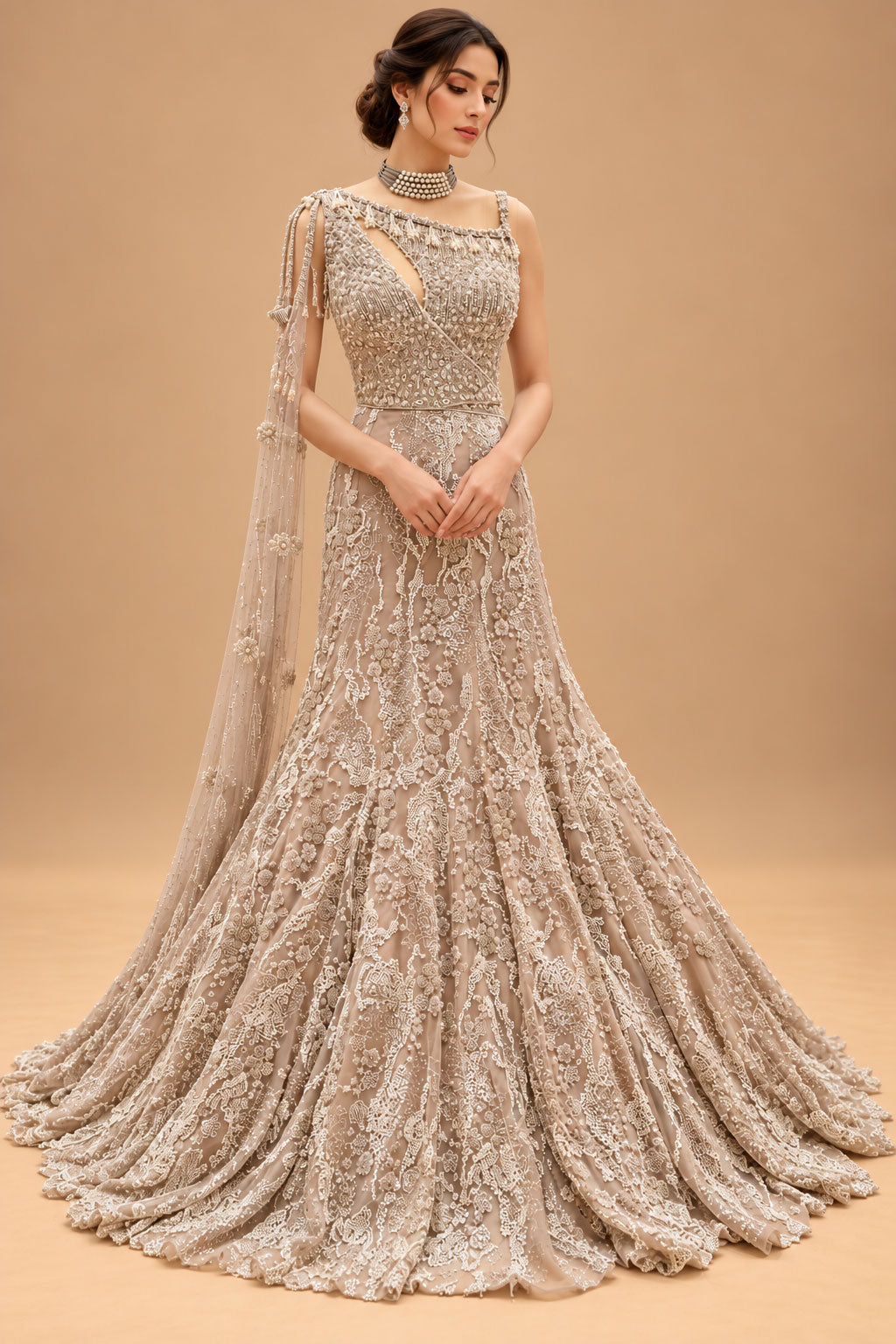 Premium Champagne Beige Pearl Embroidered Mermaid Gown with Draped Dupatta for Women – product view 1