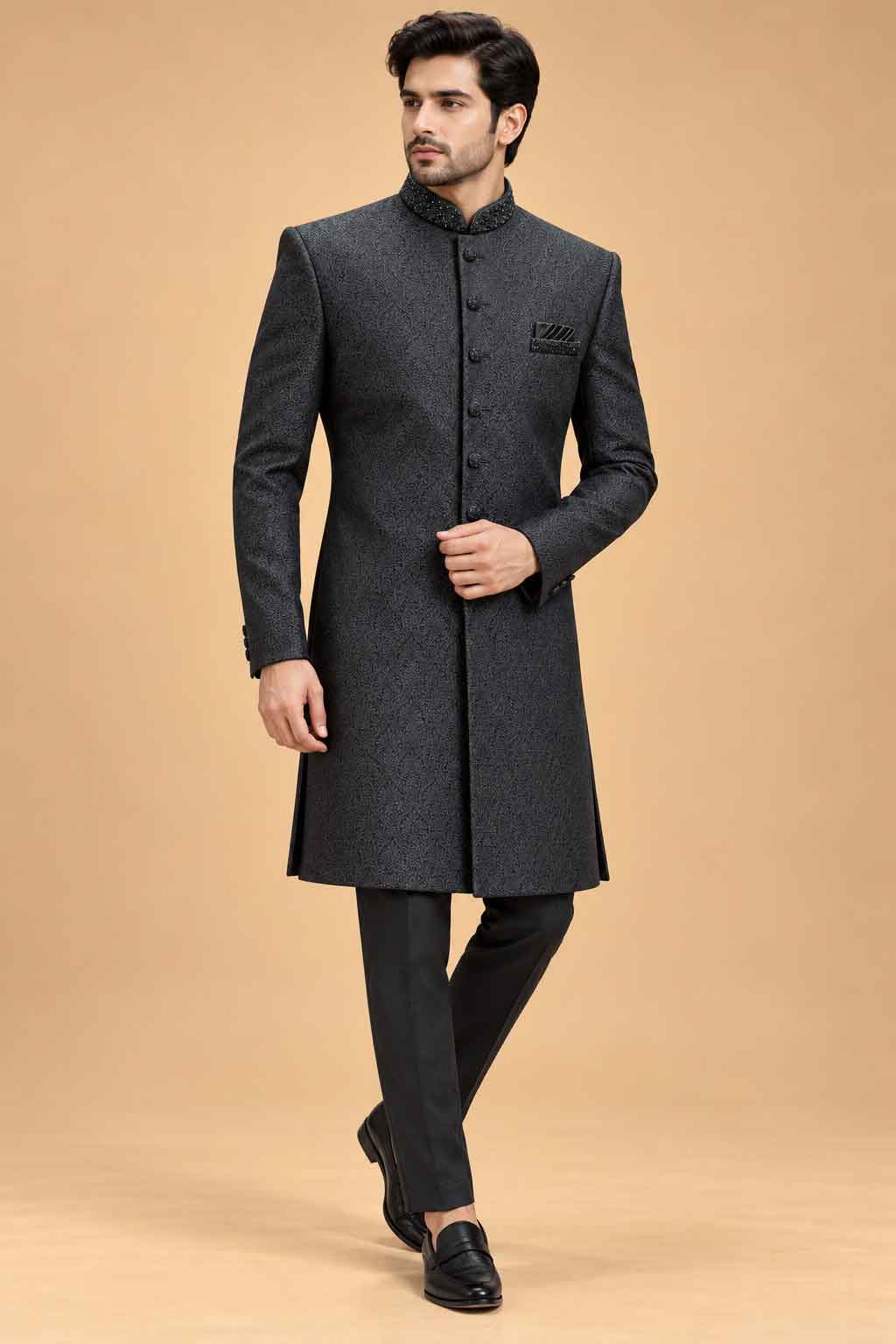Charcoal Black Textured Sherwani for Men – product image 1