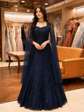 Navy Blue Embellished Gown with Sheer Cape | Elegant Party & Wedding Wear