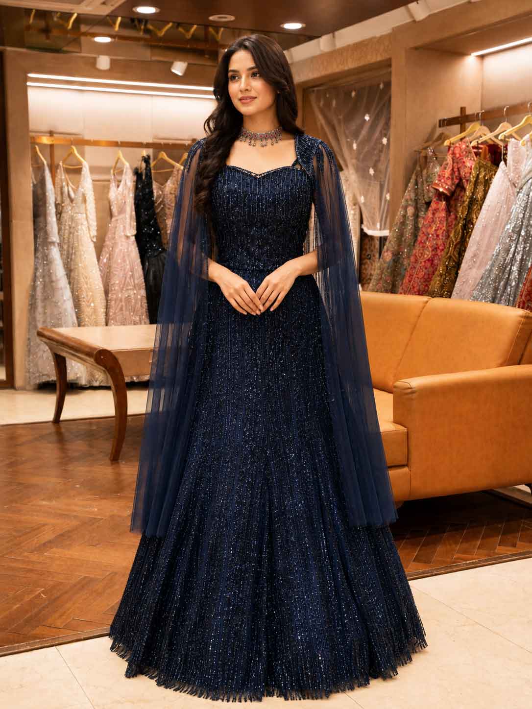 Navy Blue Embellished Gown with Sheer Cape | Elegant Party & Wedding Wear