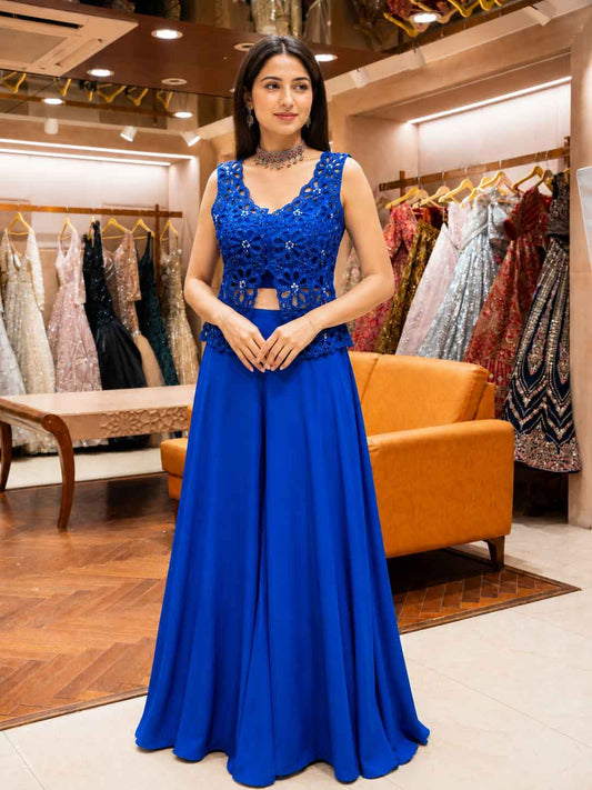 Blue embroidered peplum lehenga set for women